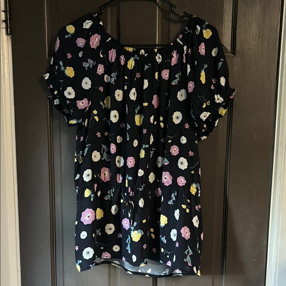 Ann Taylor Navy Blouse with Multicolor Floral Print